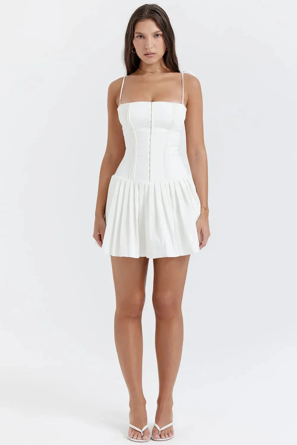 White Square Neck Tie Strap Corset Pleated Skater Mini Homecoming Dress