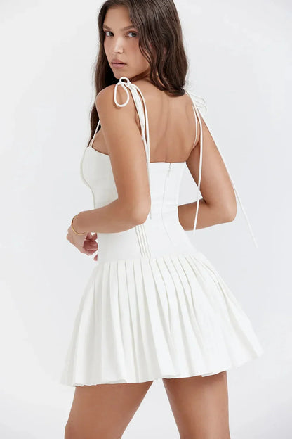 White Square Neck Tie Strap Corset Pleated Skater Mini Homecoming Dress