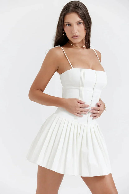 White Square Neck Tie Strap Corset Pleated Skater Mini Homecoming Dress