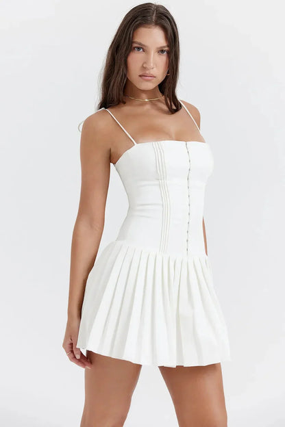White Square Neck Tie Strap Corset Pleated Skater Mini Homecoming Dress
