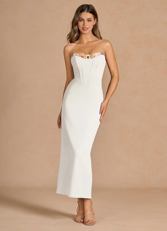 White Strapless Corset Midi Prom Dress with Floral Embellished Neckline and Back Slit for Formal Events and Evening Occasions