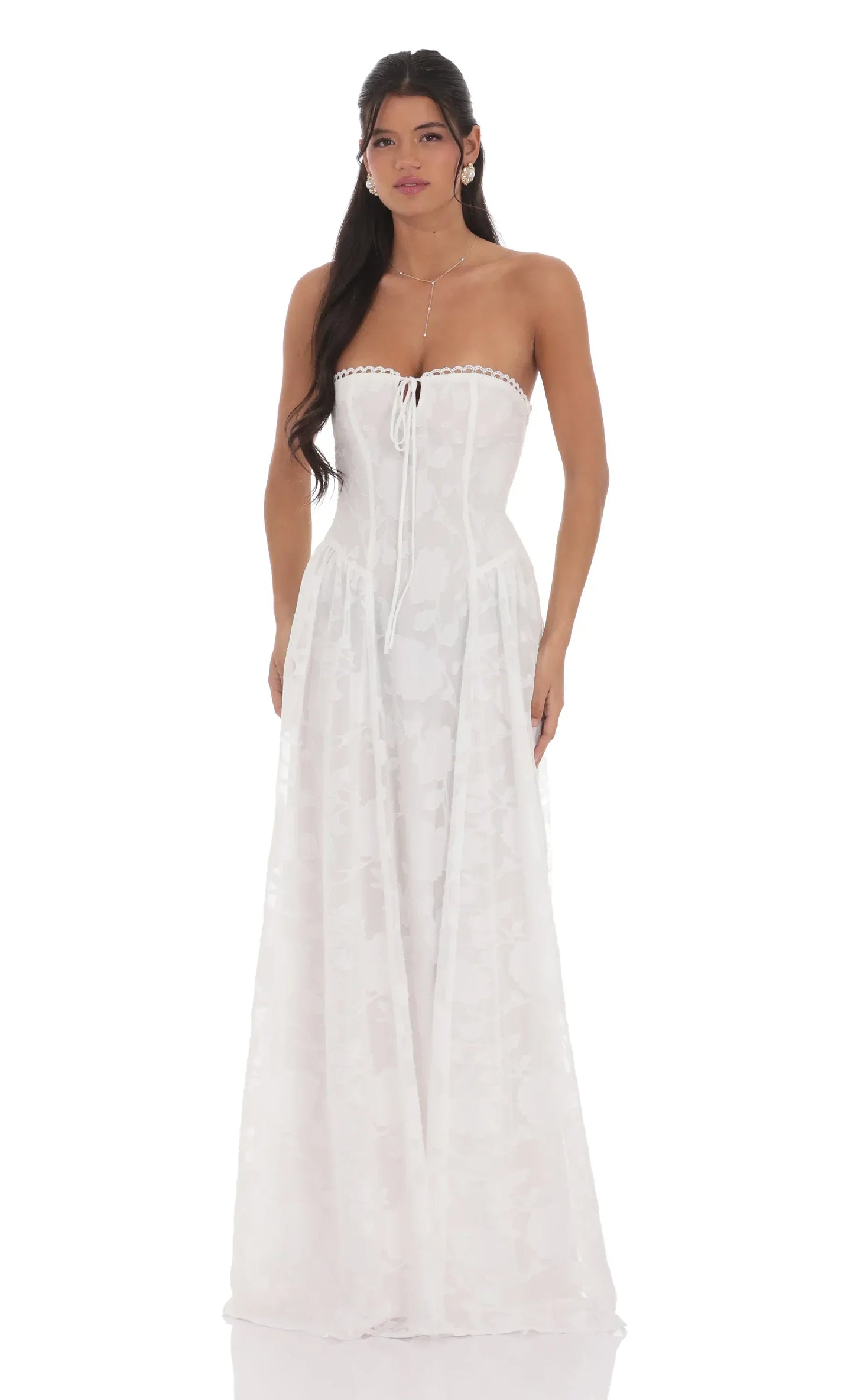 White Strapless Floral Burnout Corset Lace-Up Back Floor Length Formal Evening Prom Dress