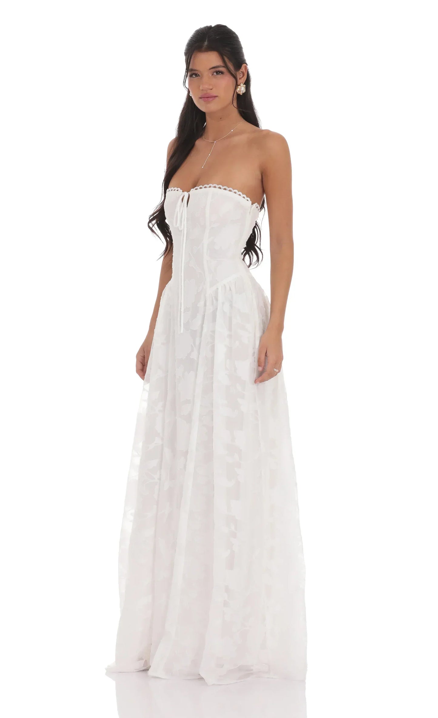 White Strapless Floral Burnout Corset Lace-Up Back Floor Length Formal Evening Prom Dress