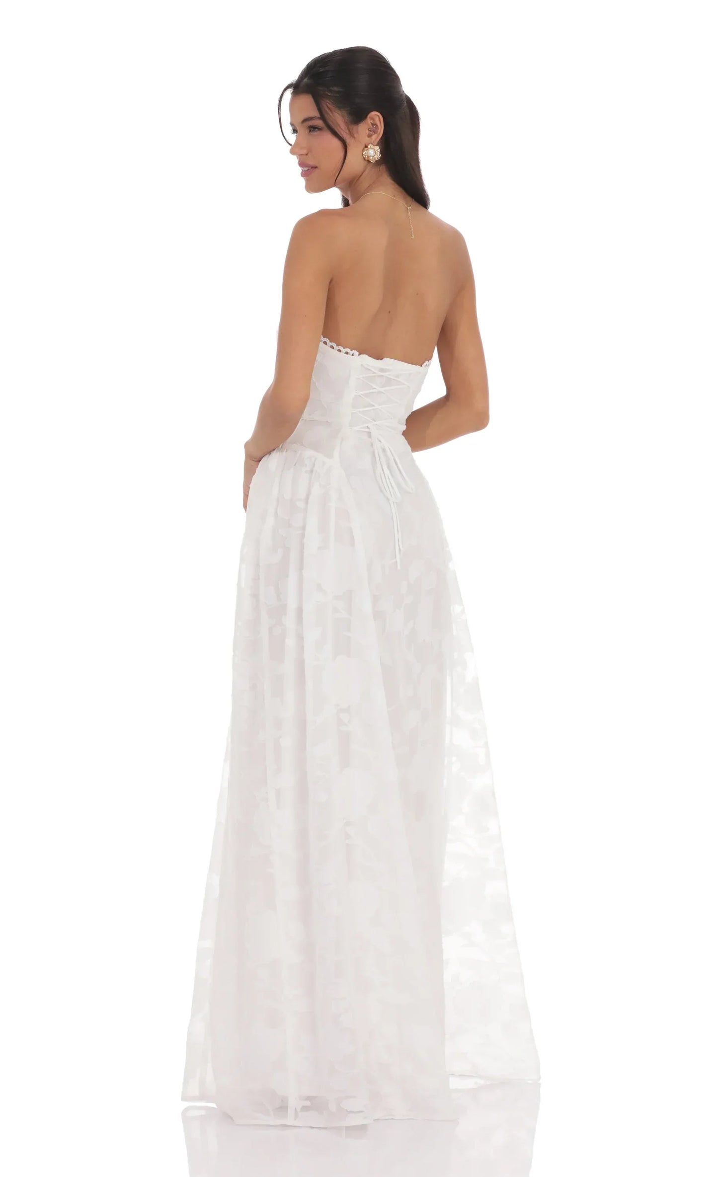 White Strapless Floral Burnout Corset Lace-Up Back Floor Length Formal Evening Prom Dress