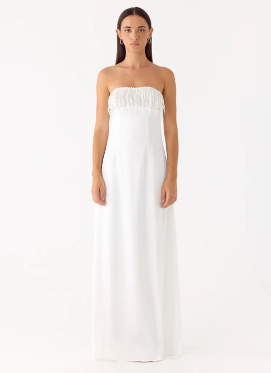 White Strapless Fringe Trim Sheath Maxi Prom Dress Formal Evening Gown