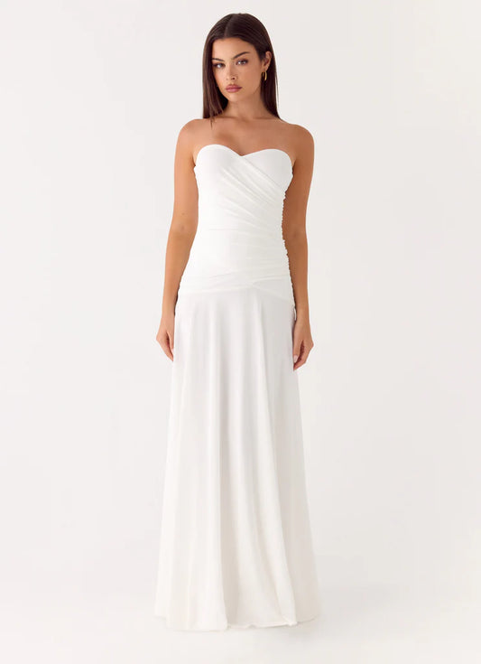 White Strapless Ruched Bodice Maxi Prom Dress with Sweetheart Neckline