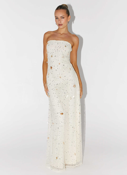 White Strapless Sequin Mermaid Prom Dress with Beaded Details for Formal Events and Prom Nights