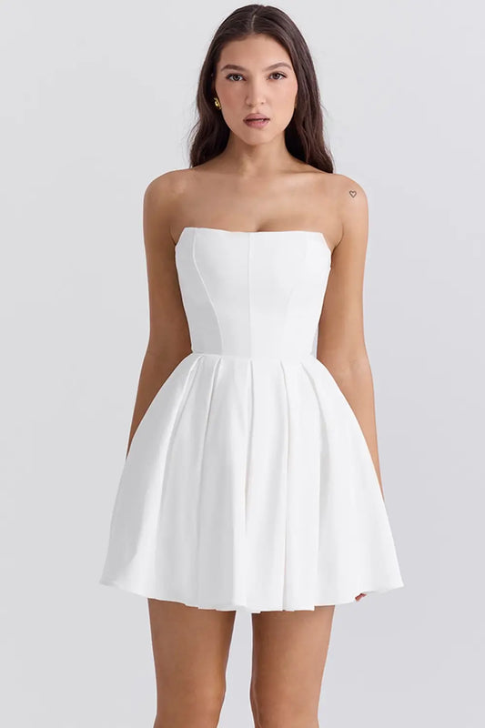 White Strapless Structured Corset Pleated A Line Flared Mini Homecoming Dress