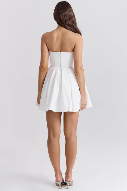 White Strapless Structured Corset Pleated A Line Flared Mini Homecoming Dress