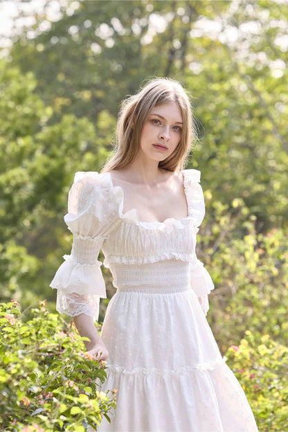 White Swiss Dot Embroidery Maxi Dresses with Square Neck Off Shoulder Two Way Wear Puff Sleeves Smocked Waist and Tiered Ruffled Hem