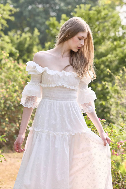 White Swiss Dot Embroidery Maxi Dresses with Square Neck Off Shoulder Two Way Wear Puff Sleeves Smocked Waist and Tiered Ruffled Hem