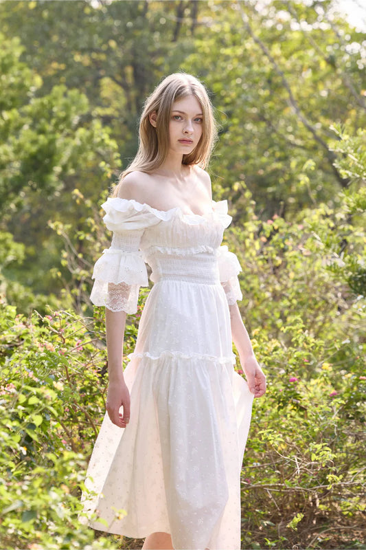 White Swiss Dot Embroidery Maxi Dresses with Square Neck Off Shoulder Two Way Wear Puff Sleeves Smocked Waist and Tiered Ruffled Hem
