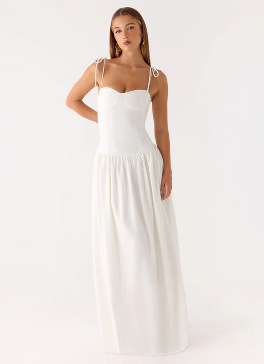 White Tie Strap Bustier Maxi Prom Dress with Gathered Skirt