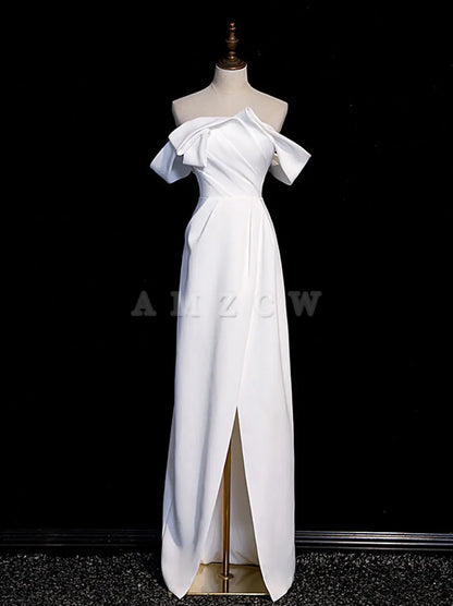 Vestido de fiesta largo de satén blanco con hombros descubiertos de Amzcw, vestido formal largo blanco, vestido de fiesta en tienda 