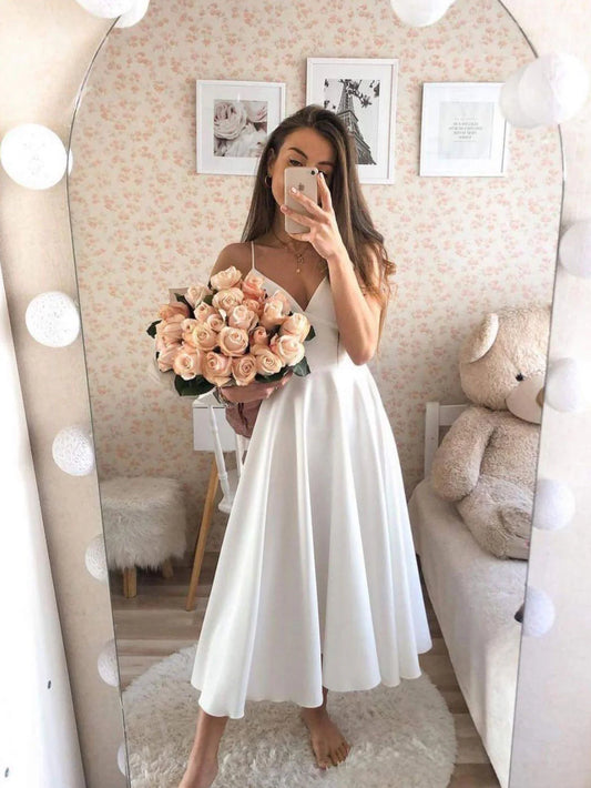 Vestido de fiesta Amzcw blanco con escote en V y largo hasta la rodilla, de satén blanco, para dama de honor, tiendas de vestidos de fiesta