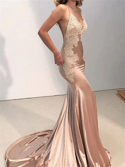 Women's Trumpet/Mermaid Silk Like Satin Straps Sweep/Brush Train Long Prom Dresses