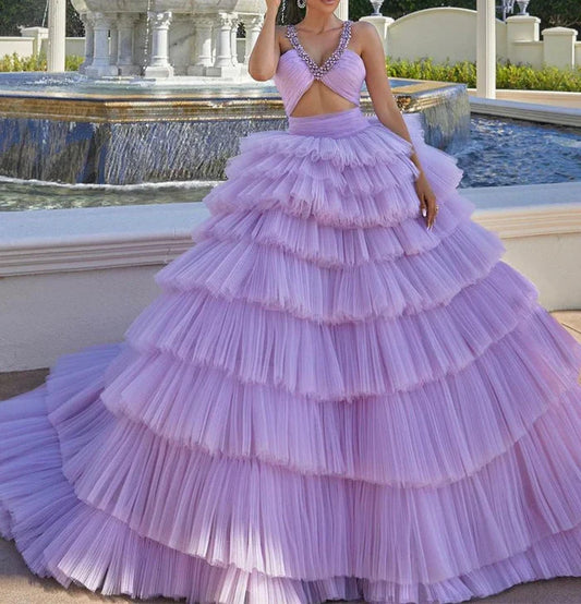 Wonderful Romantic Tulle Ballgown Sweetheart Crystal-Strap Cutout-Waist Tiered-Ruffle Cathedral-Train Quinceañera Gown