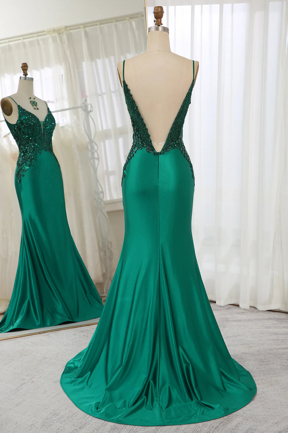 Amzcw Glitter Dark Green Mermaid Backless Prom Dress With Beaded Appliques prom dresses with long sleeves