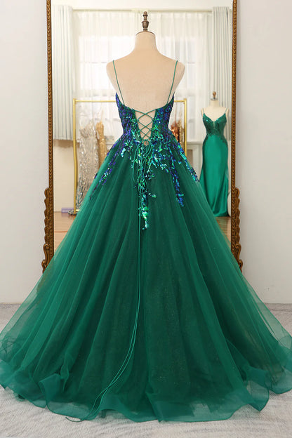 Amzcw Dark Green A Line Tulle Long Prom Dress With Sparkly Sequined Appliques