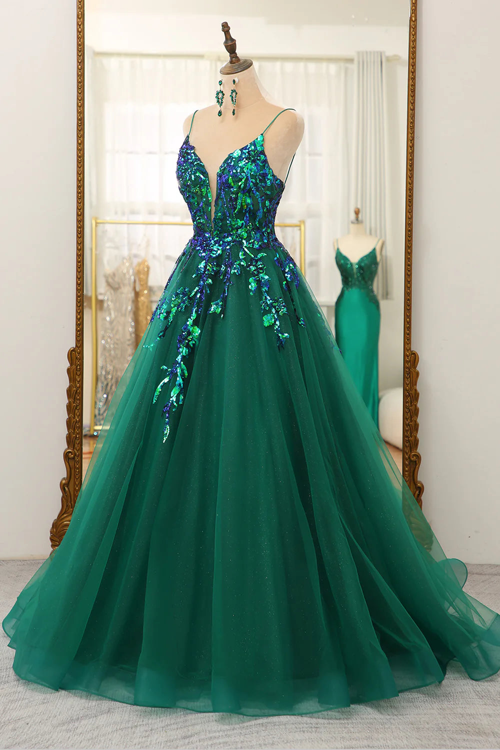Amzcw Dark Green A Line Tulle Long Prom Dress With Sparkly Sequined Appliques