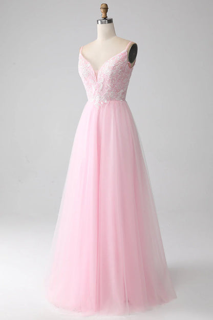 Amzcw Light Pink A-Line Spaghetti Straps Sequins Prom Dress with Beading prom dresses shops