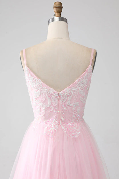 Amzcw Light Pink A-Line Spaghetti Straps Sequins Prom Dress with Beading prom dresses shops