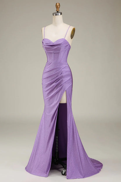 Amzcw Lilac Mermaid Spaghetti Straps Satin Corset Prom Dress with Slit prom dresses with long sleeves
