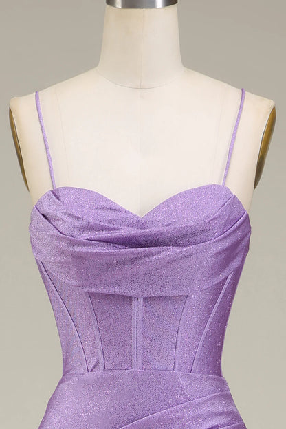 Amzcw Lilac Mermaid Spaghetti Straps Satin Corset Prom Dress with Slit prom dresses with long sleeves