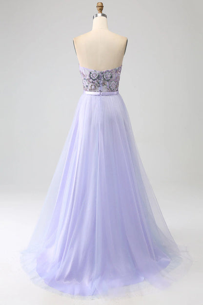 Amzcw Lilac A Line Tulle Sparkly Sequin Corset Prom Dress with Slit prom dresses shops