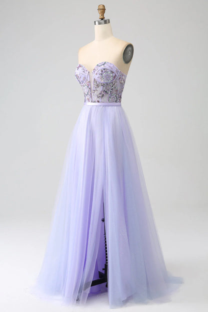 Amzcw Lilac A Line Tulle Sparkly Sequin Corset Prom Dress with Slit prom dresses shops