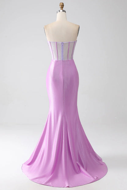 Amzcw Lilac Mermaid Sweetheart Strapless Pleated Corset Prom Dress with Slit prom dresses shops