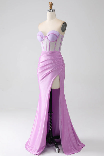 Amzcw Lilac Mermaid Sweetheart Strapless Pleated Corset Prom Dress with Slit prom dresses shops