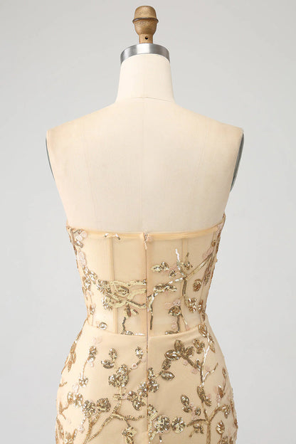 Amzcw Champagne Mermaid Strapless Sparkly Sequins Corset Prom Dress prom dresses shops