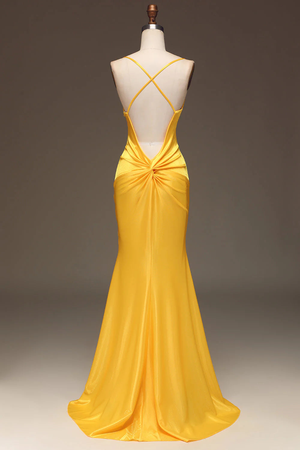 Amzcw Simple Yellow Mermaid Spaghetti Straps Satin Long Prom Dress prom dresses with long sleeves