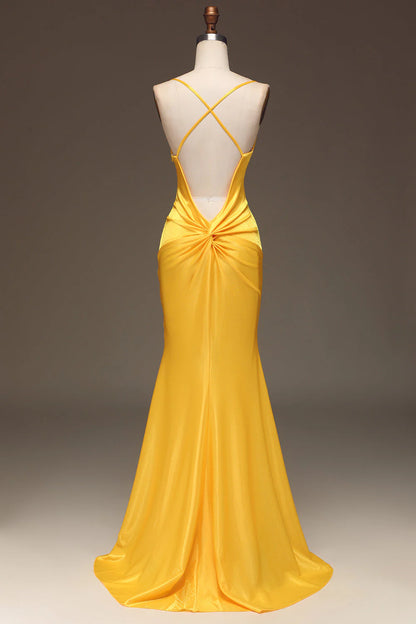 Amzcw Simple Yellow Mermaid Spaghetti Straps Satin Long Prom Dress prom dresses with long sleeves