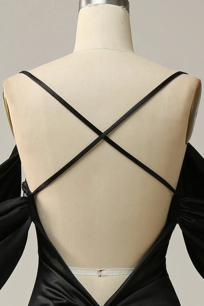 Vestido de fiesta largo negro con hombros descubiertos y espalda abierta de sirena 