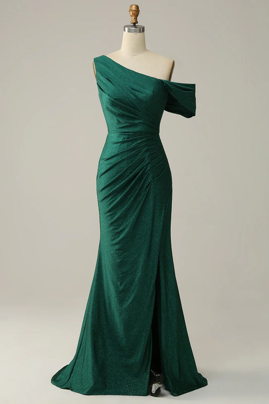 Vestido de fiesta largo verde oscuro con un solo hombro y corte sirena 