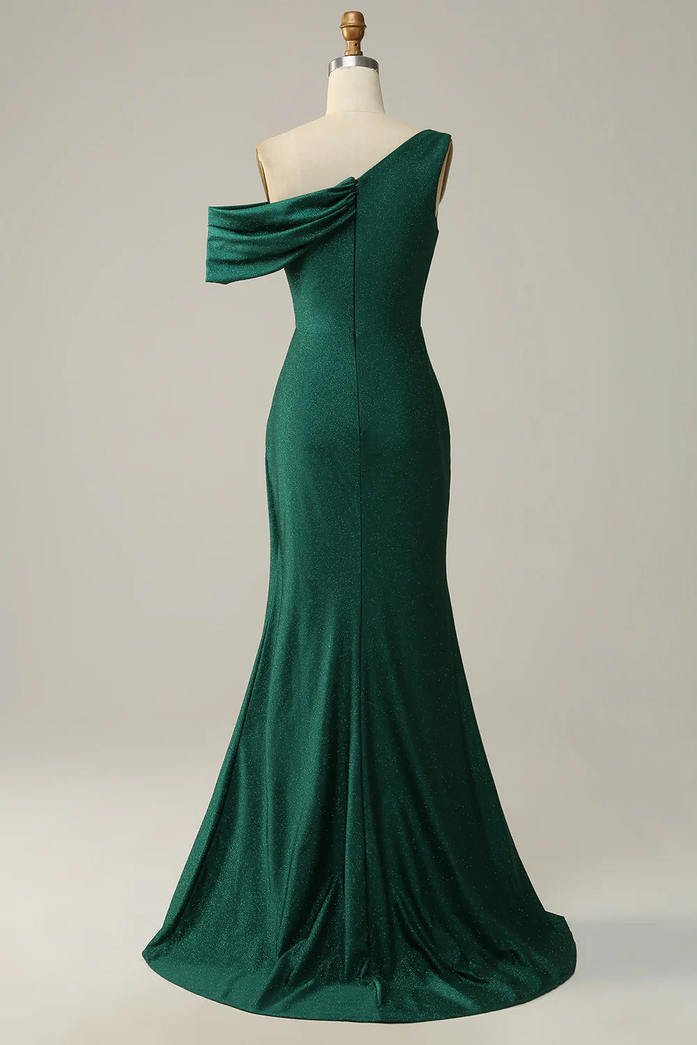 Vestido de fiesta largo verde oscuro con un solo hombro y corte sirena 