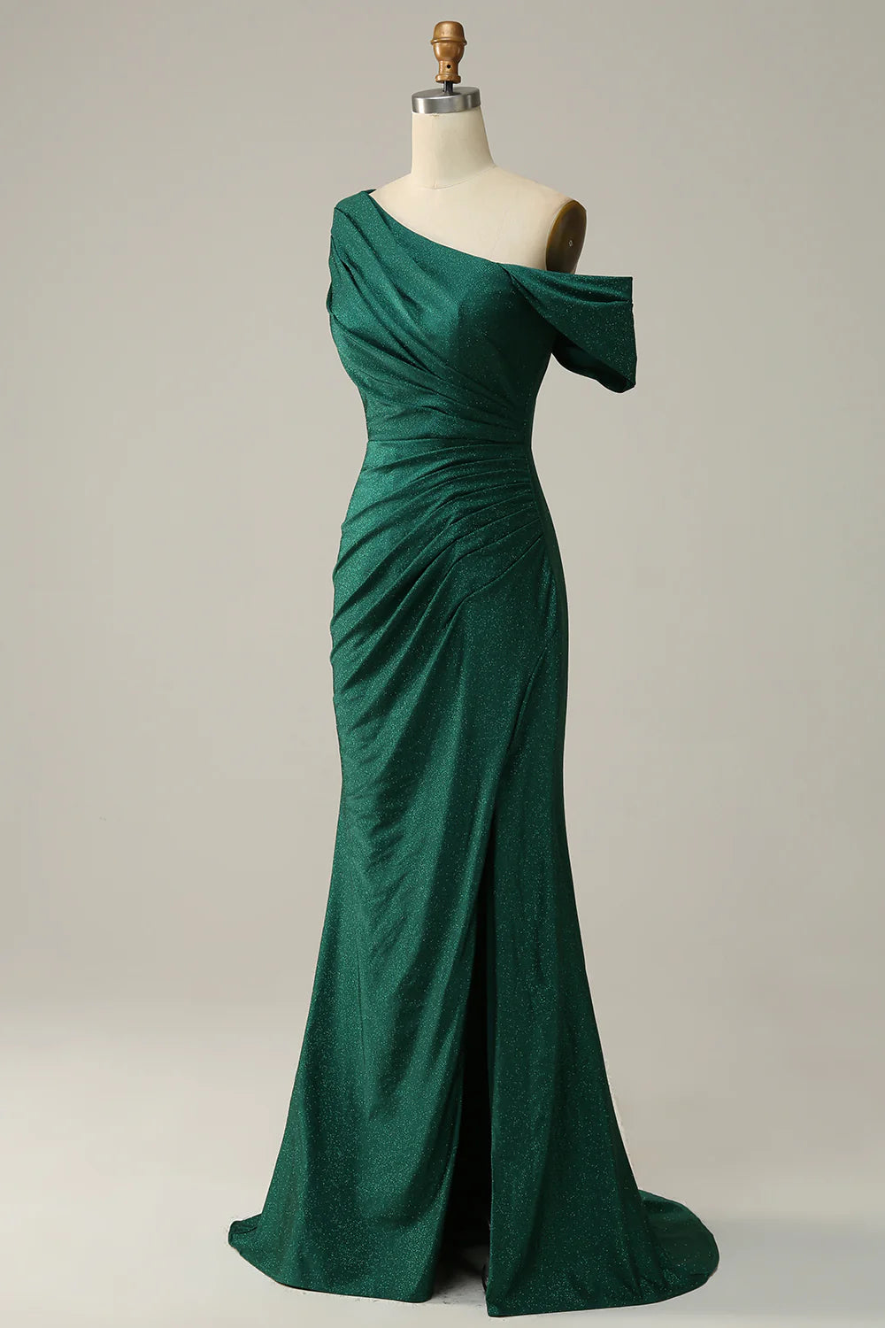 Vestido de fiesta largo verde oscuro con un solo hombro y corte sirena 