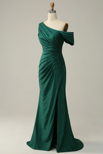 Vestido de fiesta largo verde oscuro con un solo hombro y corte sirena 