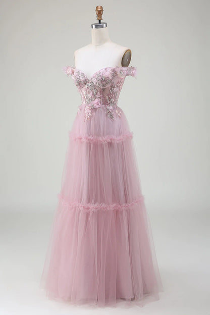 Amzcw Blush A-Line Off the Shoulder Tulle Long Prom Dress with Appliques prom dresses shops