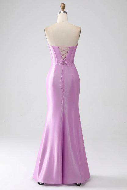 Amzcw Purple Mermaid Strapless Corset Pleated Prom Dress with Slit