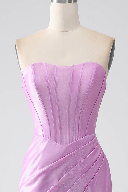 Amzcw Purple Mermaid Strapless Corset Pleated Prom Dress with Slit