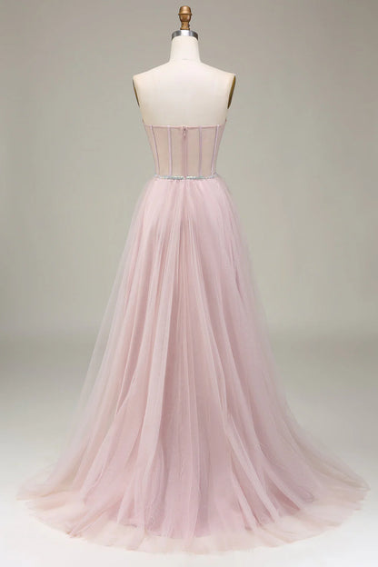 Amzcw Light Pink A-Line Sweetheart Tulle Corset Long Prom Dress prom clothing