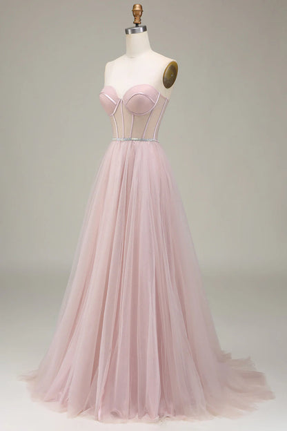 Amzcw Light Pink A-Line Sweetheart Tulle Corset Long Prom Dress prom clothing