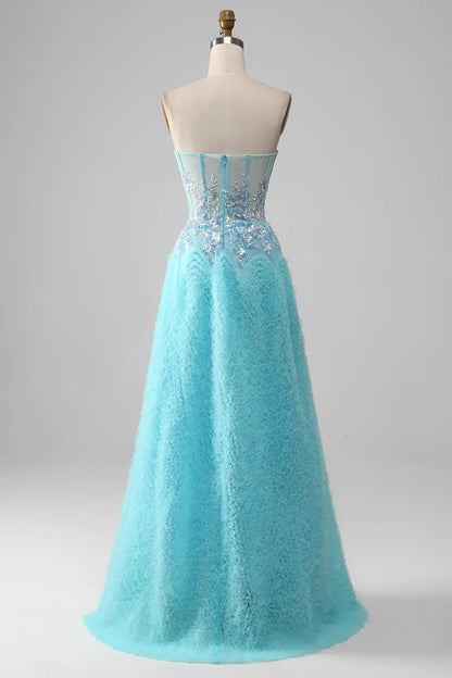 Amzcw Sky Blue A-Line Sweetheart Sparkly Sequin Corset Prom Dress with Appliques prom clothing
