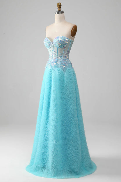 Amzcw Sky Blue A-Line Sweetheart Sparkly Sequin Corset Prom Dress with Appliques prom clothing