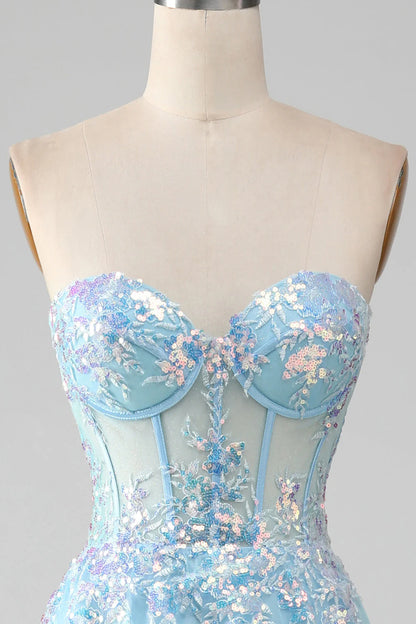 Amzcw Sky Blue A-Line Sweetheart Sparkly Sequin Corset Prom Dress with Appliques prom clothing