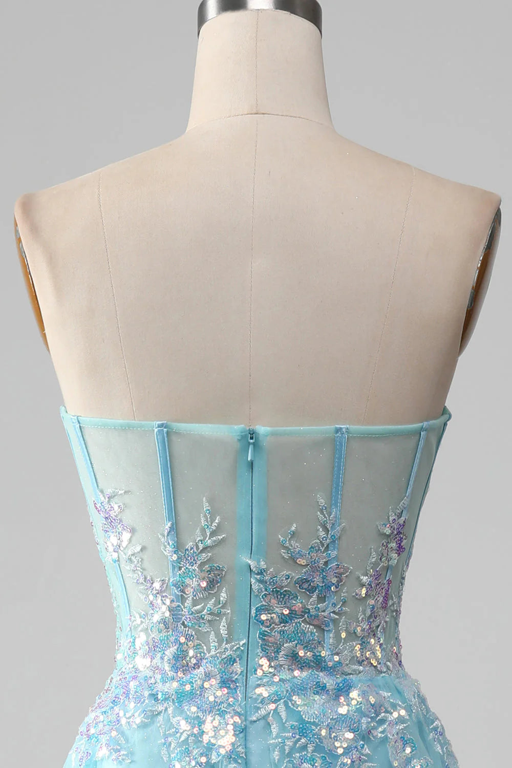 Amzcw Sky Blue A-Line Sweetheart Sparkly Sequin Corset Prom Dress with Appliques prom clothing
