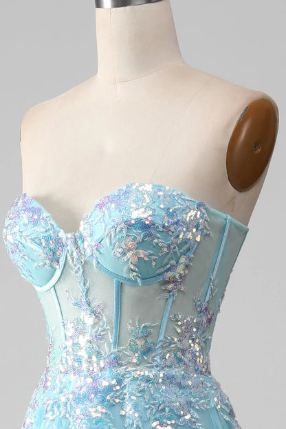 Amzcw Sky Blue A-Line Sweetheart Sparkly Sequin Corset Prom Dress with Appliques prom clothing
